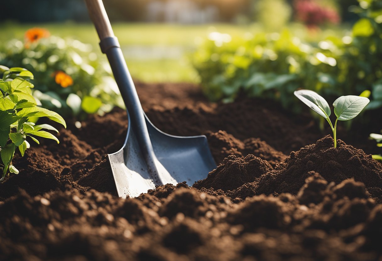 A sunny garden with rich, well-draining soil, surrounded by mulch. A shovel and compost nearby