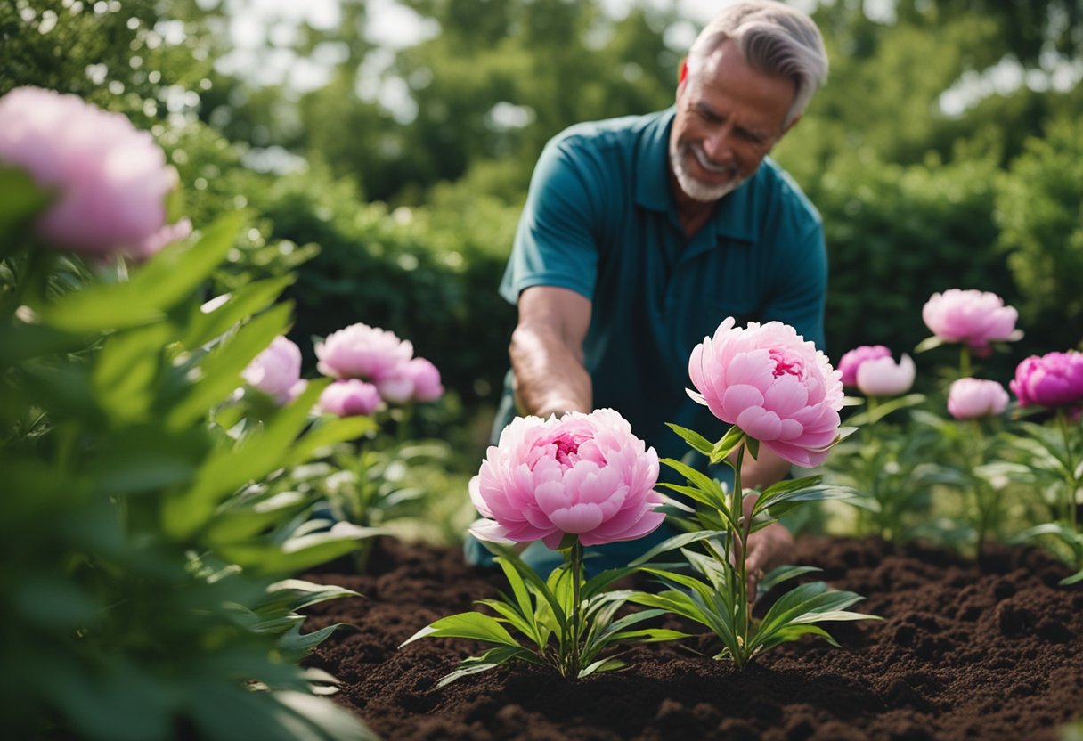 Healthy peony plants surrounded by well-maintained soil and mulch, with a gardener applying organic pest and disease management techniques