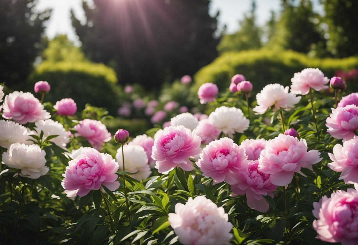 Lush peonies bloom in a sun-drenched garden, surrounded by rich, well-drained soil and ample space for growth. The vibrant pink and white flowers create a stunning display that lasts for decades