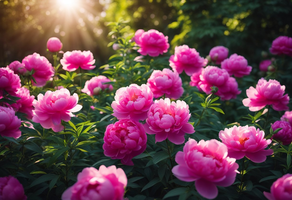 A lush garden with vibrant peonies in full bloom, surrounded by healthy green foliage. Sunlight filters through the leaves, casting a warm glow on the delicate petals