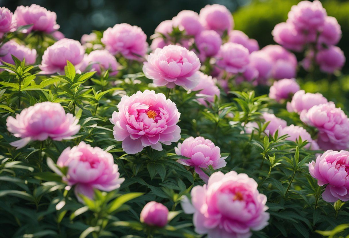 Lush peony garden with healthy, blooming plants in a well-maintained outdoor setting. Rich soil, proper spacing, and regular pruning evident