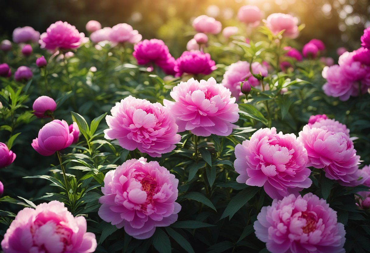 Lush peony plants thrive in a sun-drenched garden, their vibrant blooms bursting with color and fragrance. Rich, well-drained soil nourishes the sturdy stems and abundant flowers, creating a picturesque scene of natural beauty