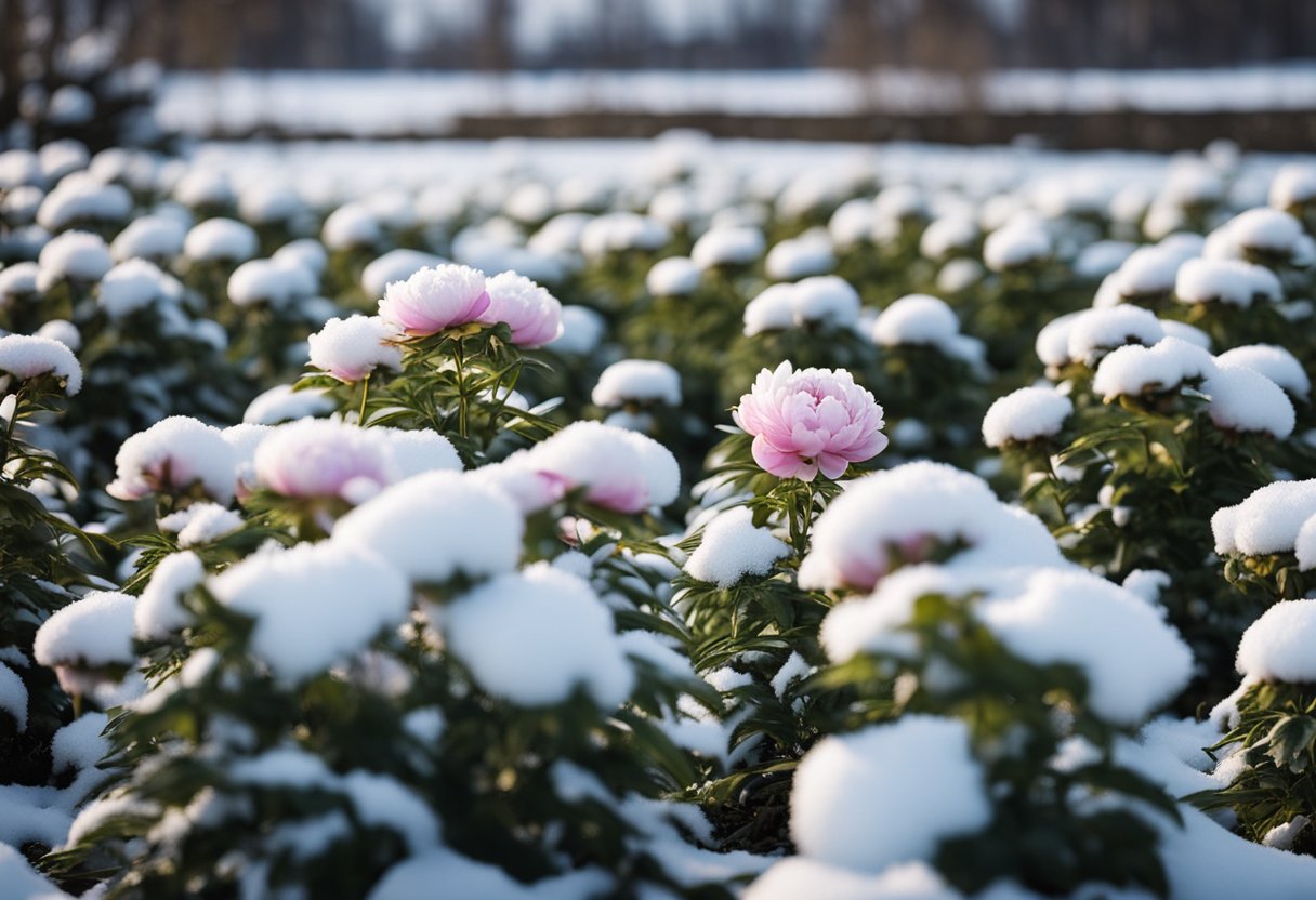 Snow-covered garden with dormant peony plants. Mulch and protective coverings in place to ensure healthy growth for decades