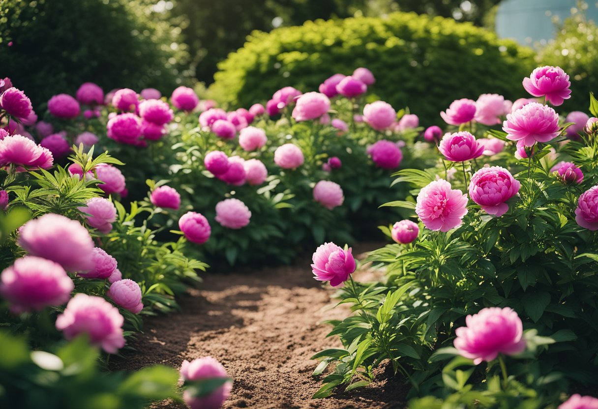 A lush garden with peony plants in full bloom, surrounded by well-maintained soil and mulch. Sunlight filters through the leaves, highlighting the vibrant colors of the flowers