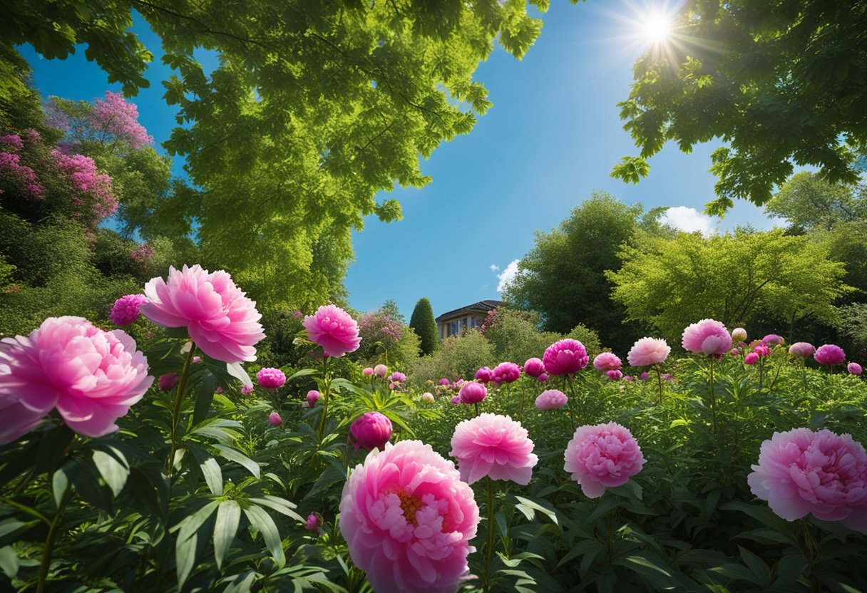 A lush garden with vibrant peonies in full bloom, surrounded by healthy green foliage and clear blue skies overhead