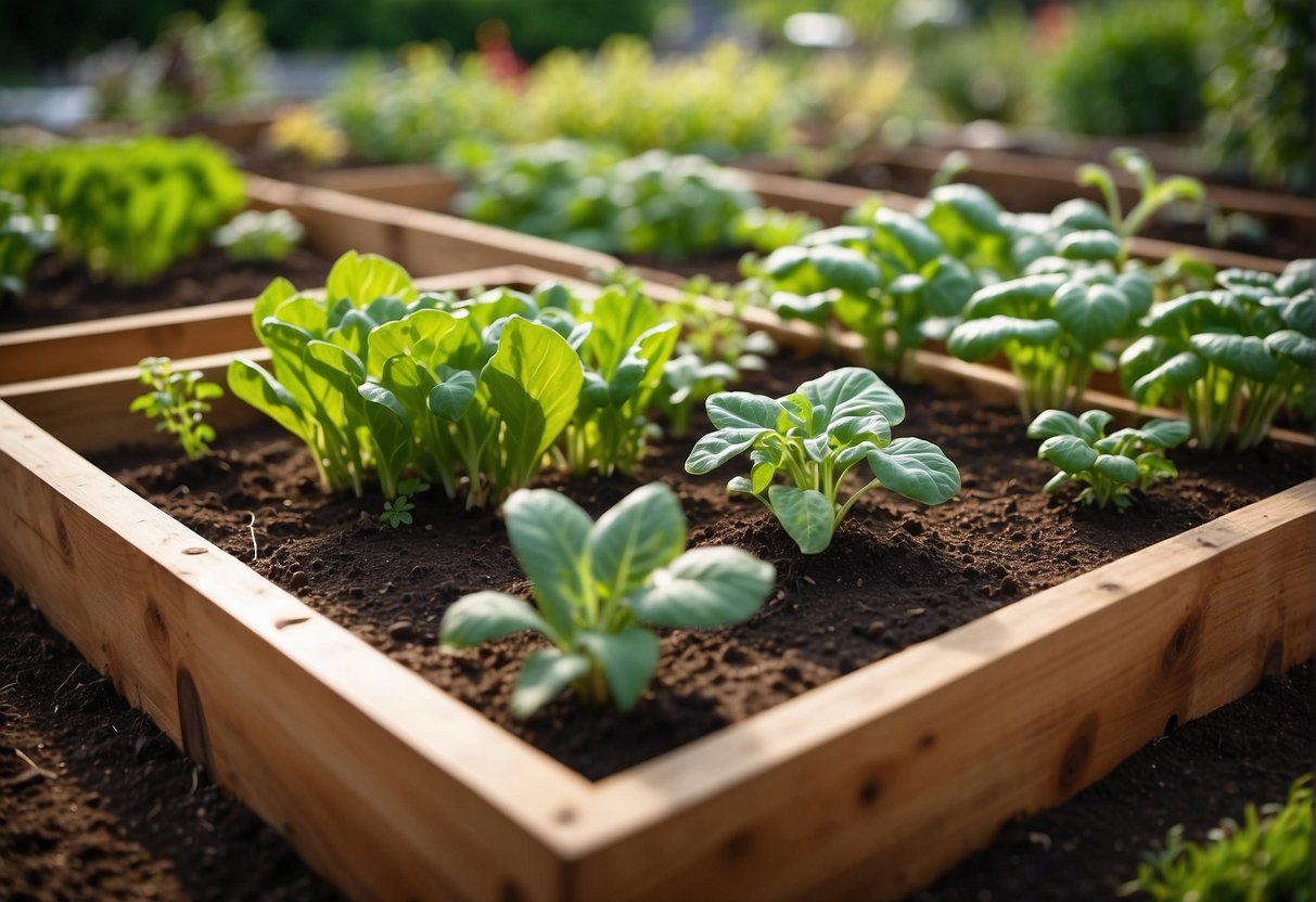 A raised bed with a variety of vegetable plants growing closely together in a one square-foot garden. The plants are thriving and healthy, with vibrant colors and different shapes and sizes