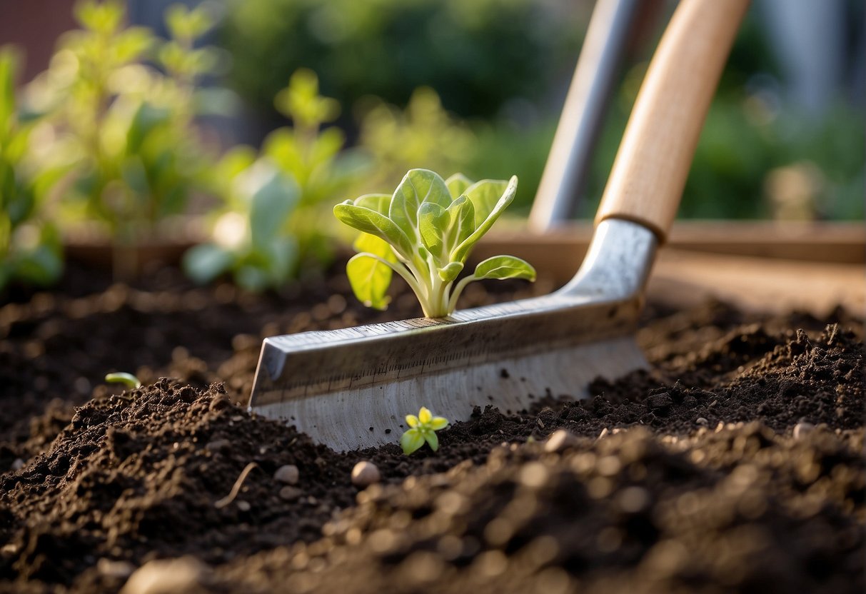 A small garden bed is being cleared and tilled, ready for planting. Tools and seeds are laid out, and a ruler measures out one square foot