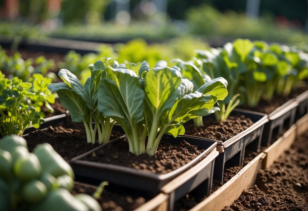 A small square-foot garden with neatly arranged rows of various vegetables, surrounded by well-maintained soil and flourishing greenery