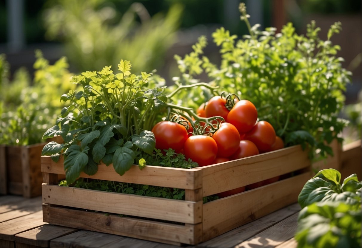 Lush green plants fill a small, square-foot garden. Tomatoes, carrots, and herbs are ready for harvest. A wooden crate sits nearby, ready to store the bountiful produce