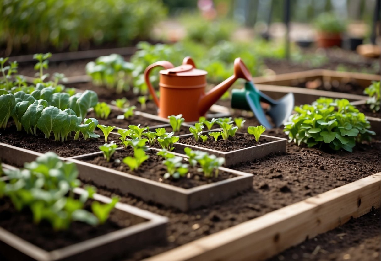 A small square-foot garden with various vegetables planted in neat rows, surrounded by rich soil and mulch. A watering can and gardening tools are nearby