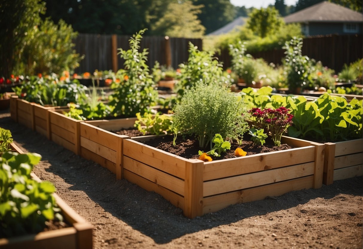 A sunny backyard with raised garden beds, pots, and trellises. Lush greenery and colorful vegetables growing in a one square-foot space