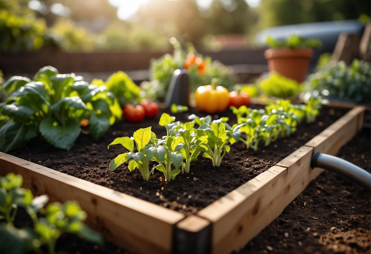 A raised garden bed with a grid of 1-foot sections, each filled with different vegetables, surrounded by gardening tools and a watering can