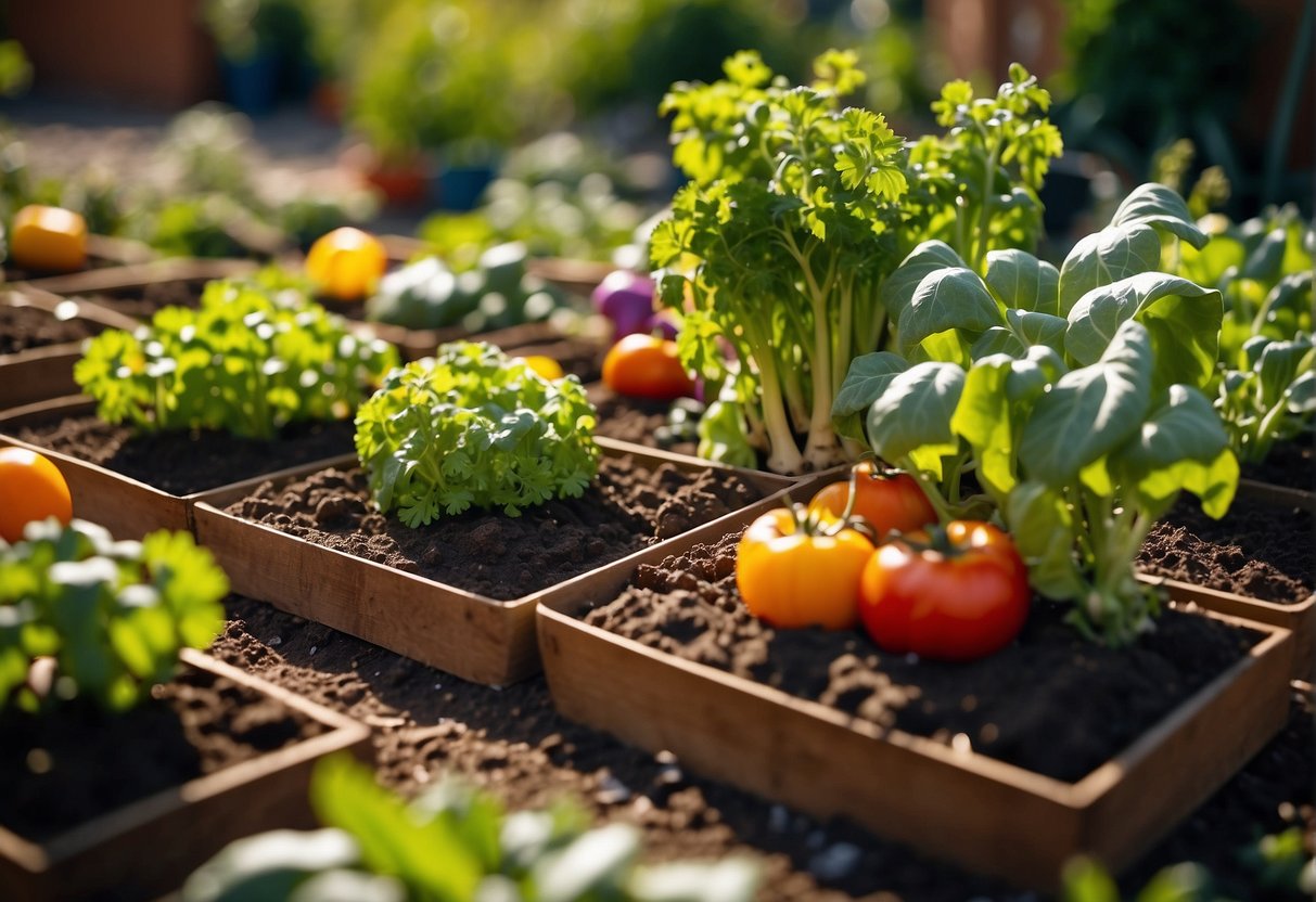 A small, vibrant square-foot garden bursting with various vegetables, surrounded by rich soil and basking in the warm sunlight of the changing seasons