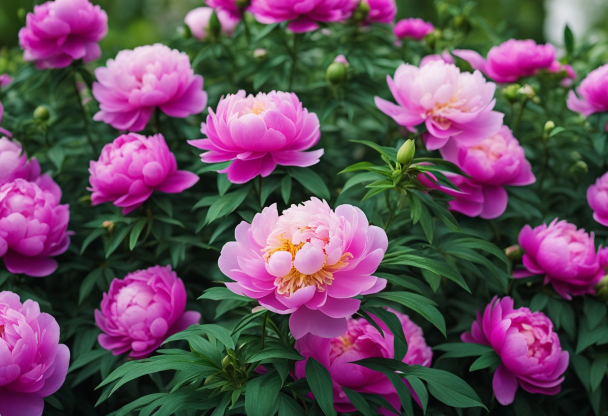 Vibrant peonies in full bloom, surrounded by lush green foliage, with healthy roots anchored in nutrient-rich soil