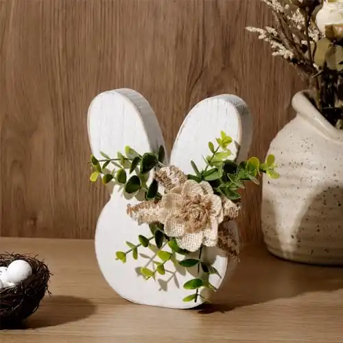 Farmhouse White Rabbit with Flowers Wood