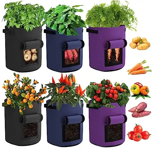 FVVRAX 10 Gallon Potato Grow Bags, 6 Pack Garden Planting Growing Bag with Handles and Harvest Window, Thickened Nonwoven Fabric Grow Bags for Tomatoes, Vegetable, Fruits, Flower