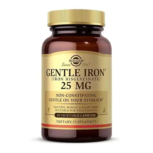 Solgar Gentle Iron 25mg, 90 Vegetable Capsules - Energy, Normal Red Blood Cell Production - Gentle on the Stomach - Non-GMO, Vegan, Gluten Free, Dairy Free, Kosher, Halal - 90 Servings