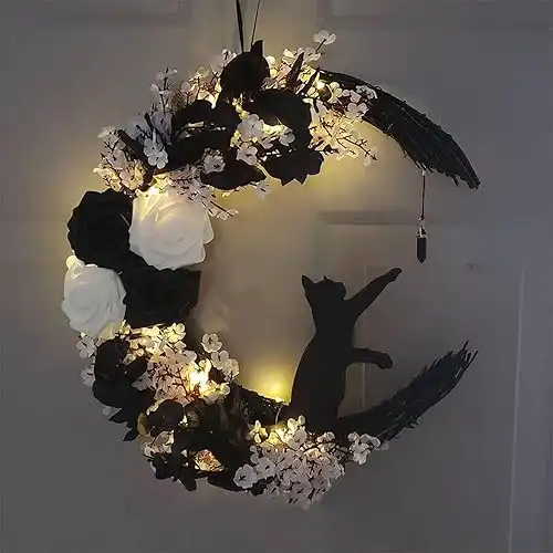 Black Cat Crescent Moon Wreath with Lights