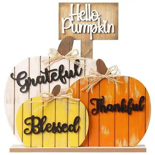 Wooden Blessed Grateful Thankful Hello Pumpkin Tabletop Sign