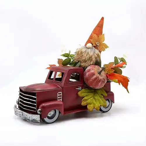 Vintage Red Metal Truck with Gnomes