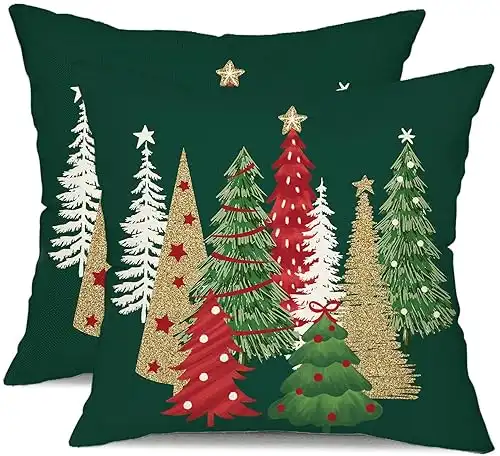 Set of 2 Christmas Tree Decorative Green Throw Pillows